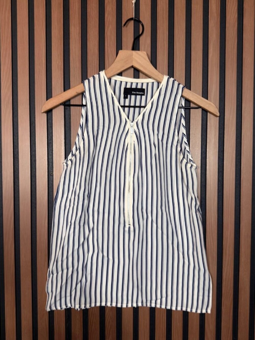 The Kooples Shirt 0 Womens White Blue Front Zip Striped Sleeveless Blouse